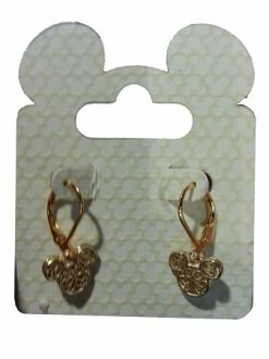 Disney Dangle Earrings - Mickey Icon Filigree - Hoop Clasp - Gold
